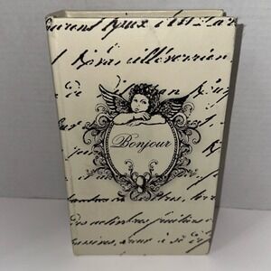 Vintage Style Bonjour Cherub Faux Book Hidden Storage Box French Script Cream